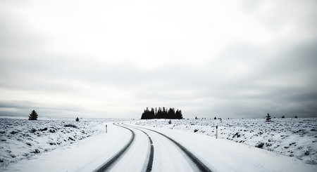 A stark winter landscape with snow-covered train tracks curving into the distance, leading towards a cluster of dark trees.の素材