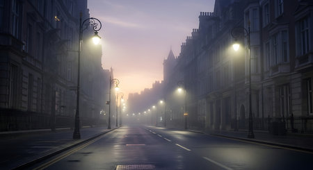 A deserted city street at twilight, with wet pavement reflecting the warm glow of streetlights and a hazy sunset.の素材