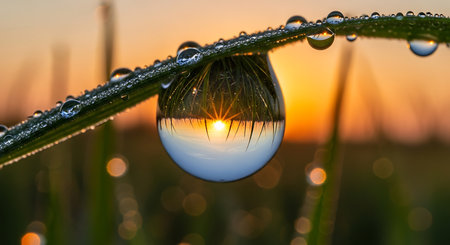 A macro shot captures a vibrant sunrise perfectly reflected within a single dewdrop on a blade of grass.の素材