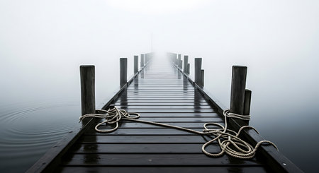 A dark wooden pier stretches into a dense fog, with thick ropes coiled on its surface.の素材