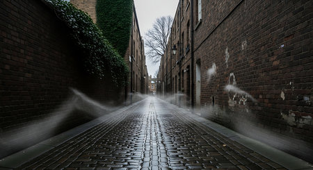 A narrow, wet cobblestone alleyway is enveloped in a thick, ethereal mist, creating a haunting and atmospheric scene.の素材