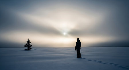 A lone person stands in a snowy expanse, facing a bright, diffused sun breaking through clouds.の素材
