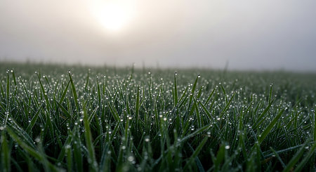 Close-up view of dewdrops on vibrant green grass with a soft, diffused sun in the background.の素材