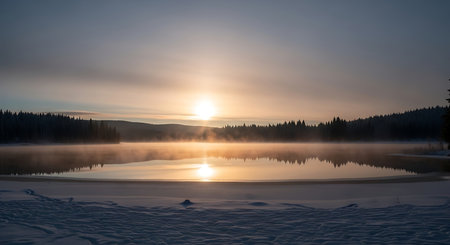 A tranquil winter morning scene with a glowing sunrise over a calm, misty lake, surrounded by dark, silhouetted trees.の素材
