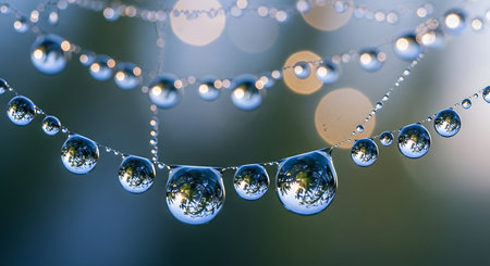 Macro shot of water droplets on fine threads, creating a necklace of shimmering spheres with reflected imagery.の素材