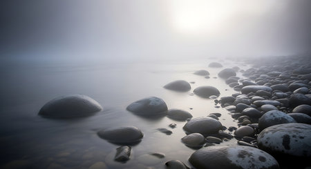Smooth, rounded rocks line a misty waterfront, bathed in soft, diffused morning light creating a tranquil and atmospheric scene.の素材