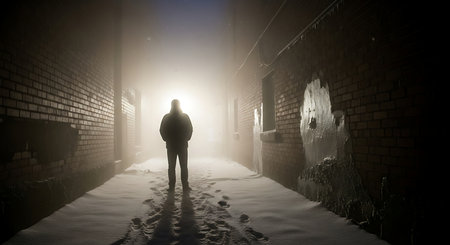 A lone person stands silhouetted in a misty, dimly lit alley, walking towards an illuminated exit.の素材