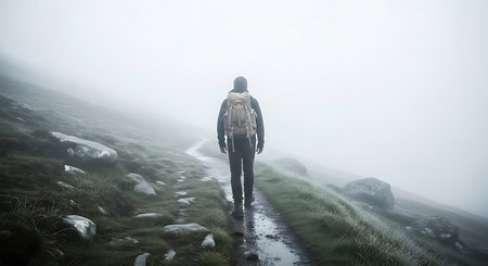 A person with a backpack walks on a wet, winding path up a mossy, rocky mountain slope in dense fog.の素材