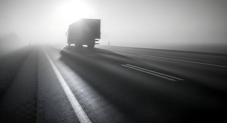 A truck drives through heavy fog on a road, its headlights illuminating the path ahead.の素材