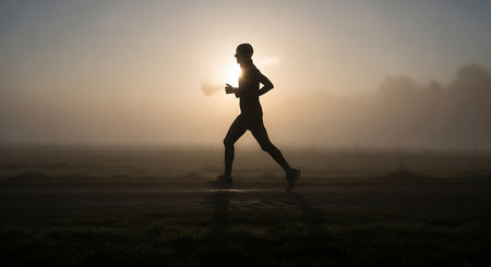 A solitary figure runs through a hazy landscape, silhouetted against a bright, diffused sun.の素材
