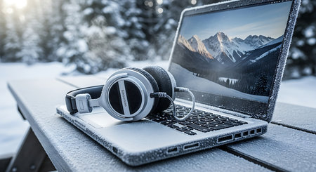 A silver laptop and headphones sit on a frost-covered wooden table, with a snowy forest and mountains in the background.の素材