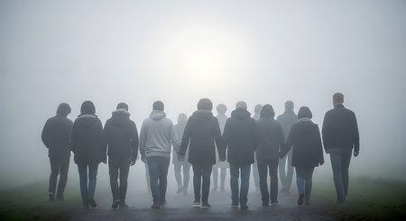 Silhouettes of individuals emerge from a dense, atmospheric fog, moving towards a luminous, hazy horizon.の素材