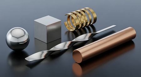 A still life arrangement of various metallic objects, including a cube, spiral, cylinder, and bracelet, on a reflective surface.の素材