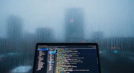 A close-up of a laptop screen displaying lines of code, with a blurred urban landscape in the background.の素材