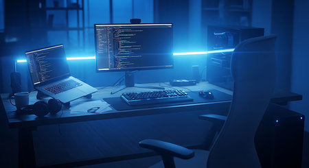 A dimly lit office desk with a computer monitor and keyboard bathed in intense blue neon light, creating a futuristic atmosphere.の素材