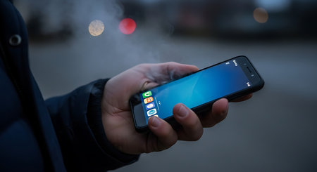 A person's hand holds a smartphone with a glowing screen. Out of focus lights are visible in the background.の素材
