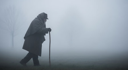 A lone elderly person in a coat and hat walks with a cane through thick fog, creating a mysterious and introspective mood.の素材