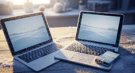 Two open laptops are placed on a weathered wooden table, their screens showing a tranquil snowy scene, bathed in soft sunlight.の素材
