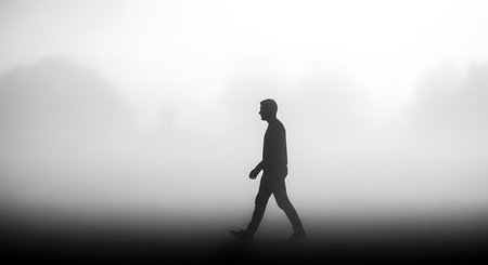 A lone man's silhouette walks through a vast, misty expanse, creating a sense of isolation and contemplation.の素材