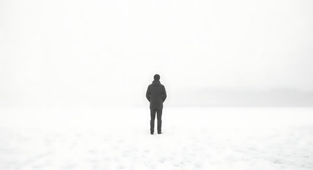 A lone person stands in the middle of a desolate, snow-covered expanse under a bright, featureless sky.の素材