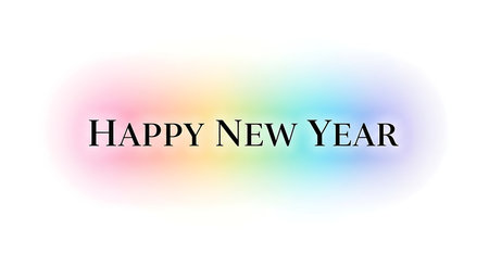 Elegant black typography wishing 'Happy New Year' centered over a subtle, horizontal, soft-focus pastel rainbow gradient, perfect for holiday greeting cards and celebrations.の素材