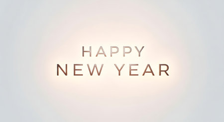 A festive image featuring 'Happy New Year' text on a clean white backdrop. The design is modern and elegant, with a glowing effect adding a touch of luxury and celebration.の素材
