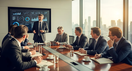A group of business professionals are in a meeting, discussing company performance data. They are collaborating and planning for future success in the corporate world.の素材