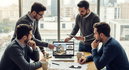 A group of architects collaborate on a construction project, reviewing blueprints and designs on a laptop in a modern office, fostering teamwork and innovation.の素材