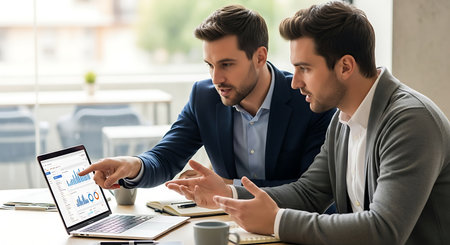 Two focused businessmen are analyzing data on a laptop in a modern office setting. They are collaborating on a project, discussing strategy, and planning for the future.の素材