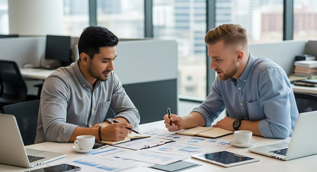Two businessmen are working together on a project at a desk in a modern office. They are discussing charts and graphs, using laptops and tablets for data analysis.の素材