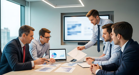 A diverse group of business professionals collaborate in a modern office, analyzing financial data and strategizing for future growth and success in the market.の素材