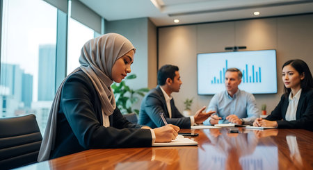 Diverse business professionals collaborating in a modern office meeting discussing financial growth chartsの素材