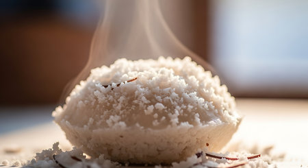 Close up of a white crystalline substance emitting smoke from a laboratory beaker scientific experiment conceptの素材