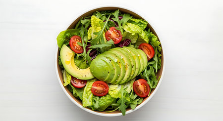 Fresh and healthy avocado salad with cherry tomatoes and mixed greens in an oval bowlの素材