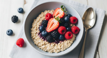 Healthy oatmeal bowl topped with fresh strawberries blueberries raspberries and blackberries for breakfastの素材