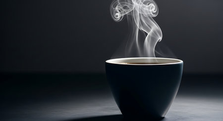 A dark mug of hot coffee with steam rising in a dramatic dark background settingの素材