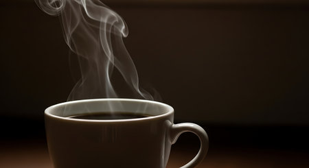 Steaming hot black coffee in a mug with wisps of steam rising against a dark backgroundの素材