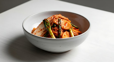 Close up of a white bowl filled with vibrant red spicy fermented napa cabbage kimchi on a white surfaceの素材