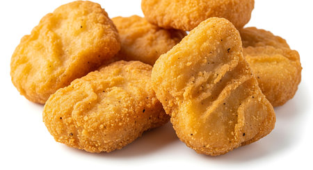 Golden brown crispy chicken nuggets stacked together on a white background isolatedの素材