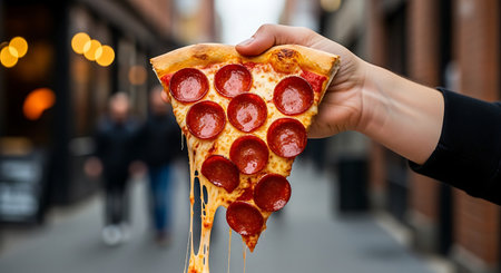 Hand holding a delicious slice of pepperoni pizza with melted cheese dripping down on a city streetの素材