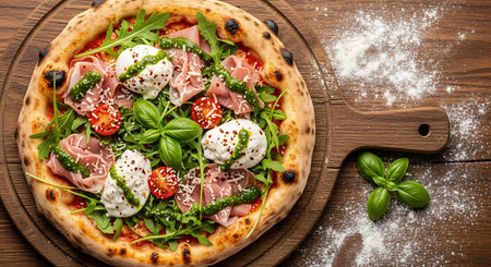 Deliciously fresh gourmet pizza with prosciutto mozzarella arugula and cherry tomatoes on a rustic wooden boardの素材