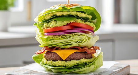 Delicious and healthy low carb lettuce wrapped burger with bacon and cheese served on a white surfaceの素材