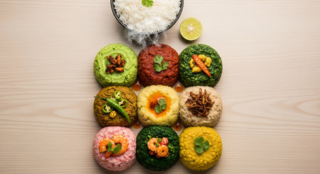 Colorful and delicious onigiri rice balls arranged artfully with fresh ingredients and a lemon sliceの素材