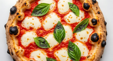 Close up overhead view of a perfectly baked neapolitan margherita pizza with fresh basil and melted mozzarellaの素材