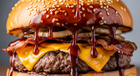 Juicy beef burger topped with melted cheese bacon and drizzled with barbecue sauceの素材