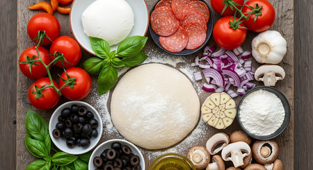 Overhead view of fresh ingredients for making delicious homemade pizza laid out on a rustic wooden tableの素材