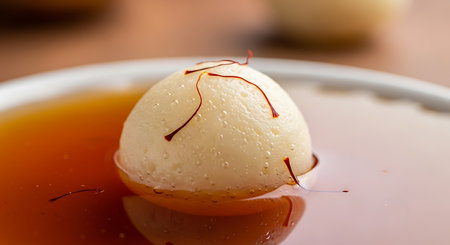 Delicious indian sweet rasgulla soaked in syrup garnished with saffron strands close upの素材