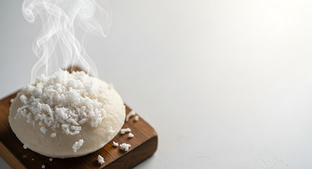 Close up of a steaming hot scoop of fluffy white rice served on a wooden spoon with a light backgroundの素材