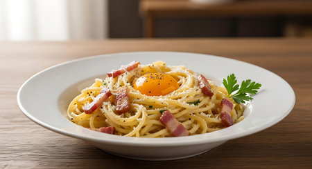 Delicious spaghetti carbonara with a rich egg yolk and crispy pancetta garnished with parsleyの素材