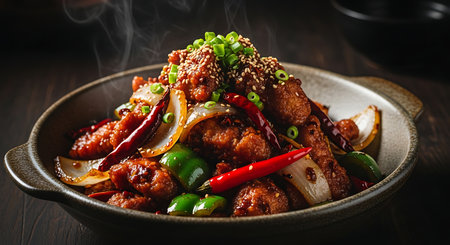 Spicy sichuan kung pao chicken dish with chili peppers and scallions in a rustic bowlの素材
